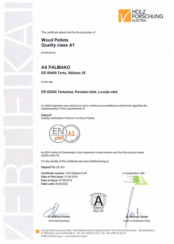 ENplusA1 certificering # EE 001 - Whitewood Pellets