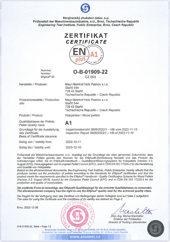 ENplusA1 certificering # CZ 003 - ROYAL Pellets