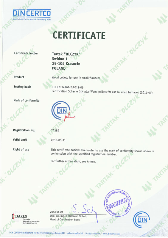 DINplus certificering # 7A189 - Olczyk Tartak Pellets