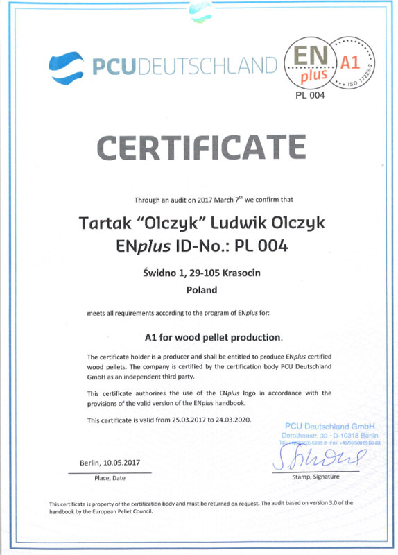 ENplusA1 certificering # PL 004 - Olczyk Tartak Pellets